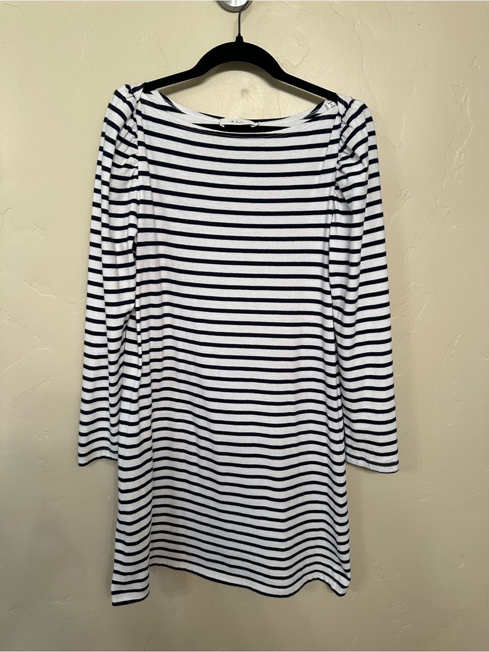 A.L.C. Striped Long-Sleeve Boatneck Dress — Navy and White